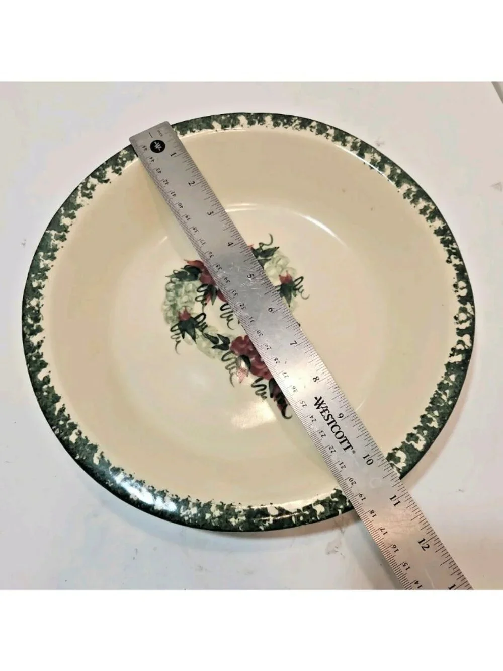 Vintage East Texas Potteries Pie Plate Sponged Border Floral Heart Pink Green